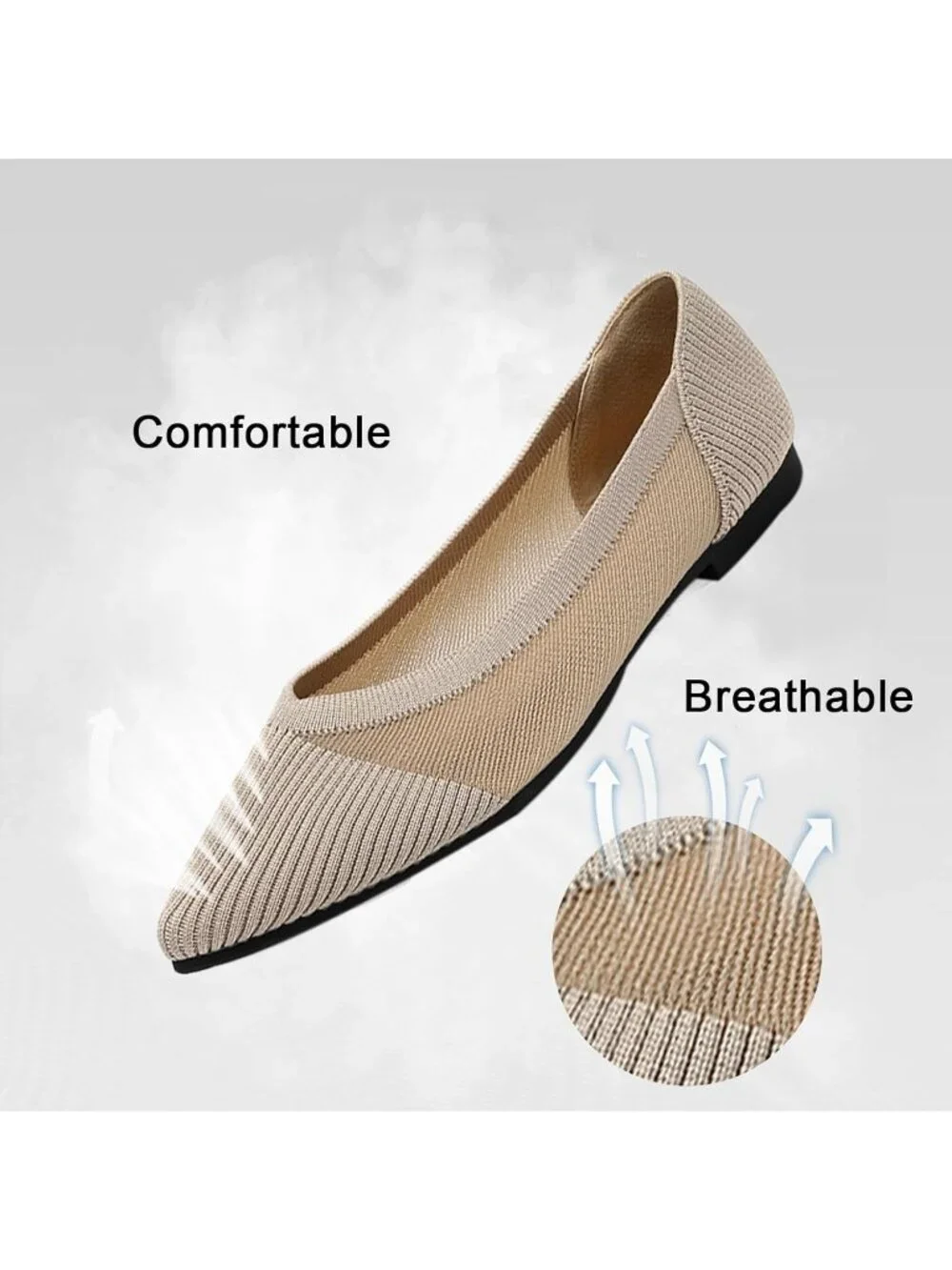 Women's Beige Flats Shoes Pointed Toe Knit Ballet Comfortable Dressy Mesh Flat